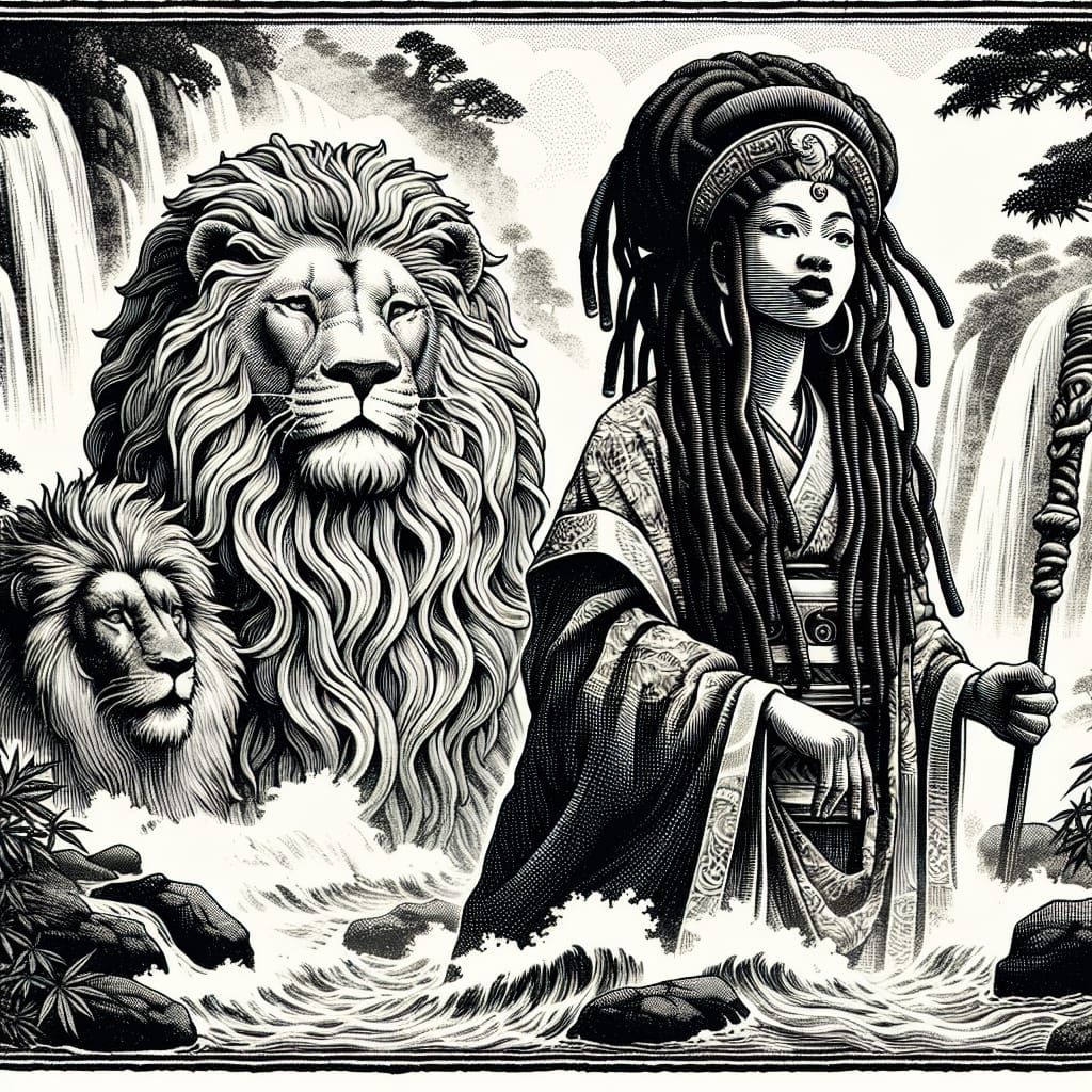 Rastafarian Queen and Lion of Judah, Hokusai-Style Woodblock