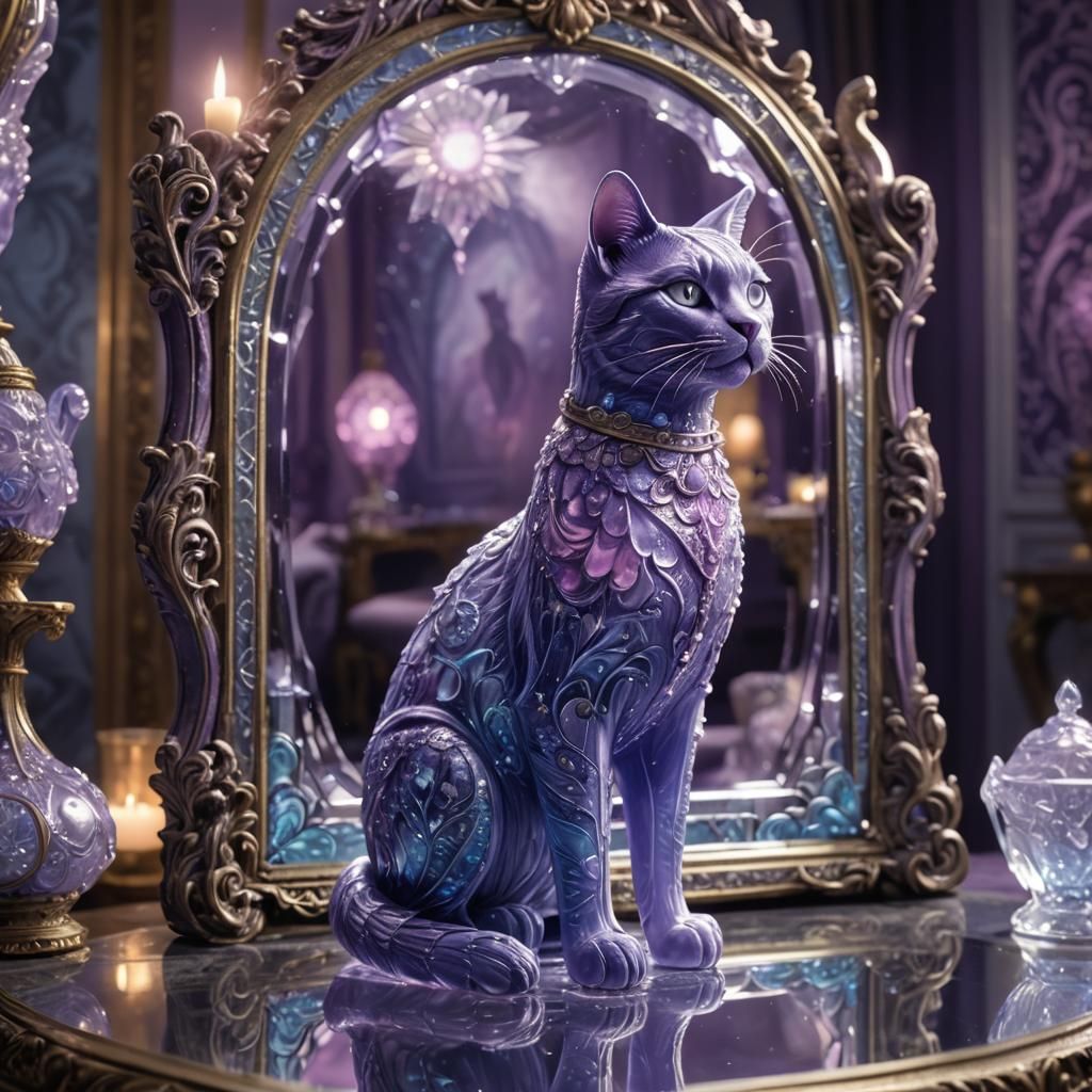 Glass Cat Figure Near Glowing Mirror