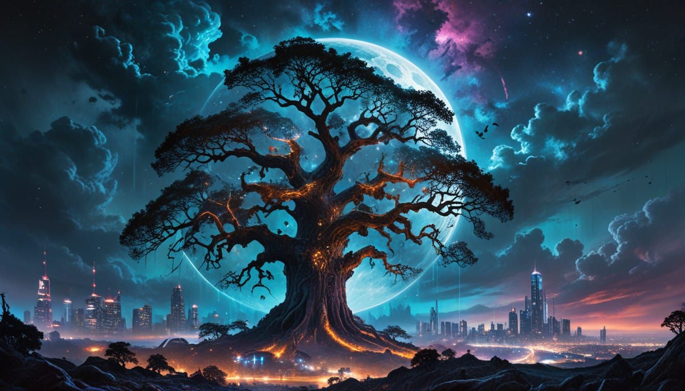 Ancient Oak Emporium in a Cyberpunk Dreamscape