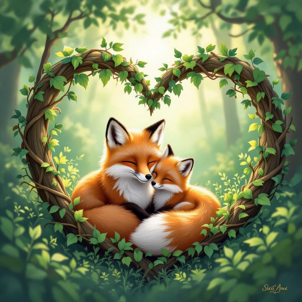 Adorable Fox Family in Enchanted Forest Heart