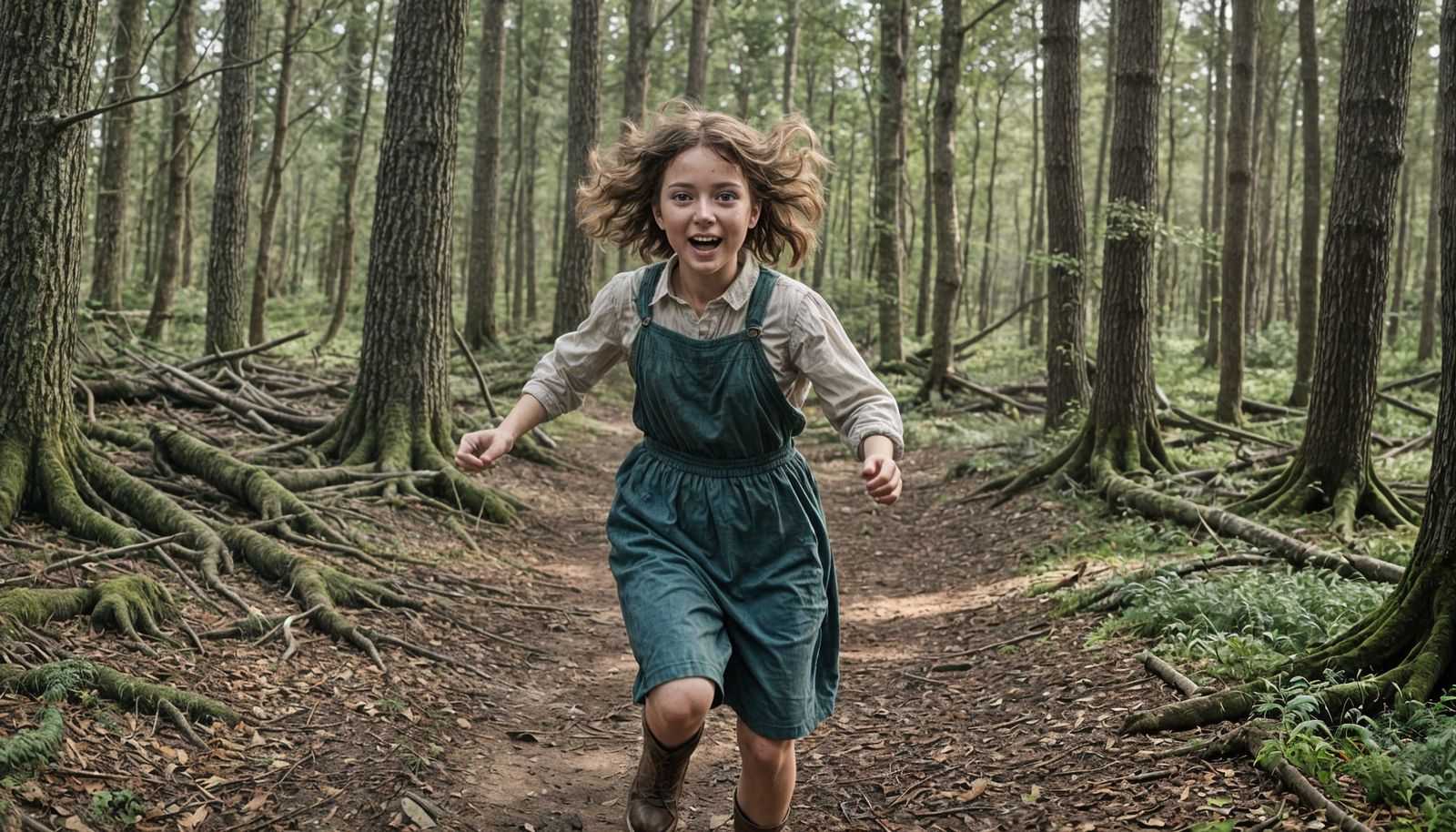 Girl Running Through Woods in Vintage Film Style