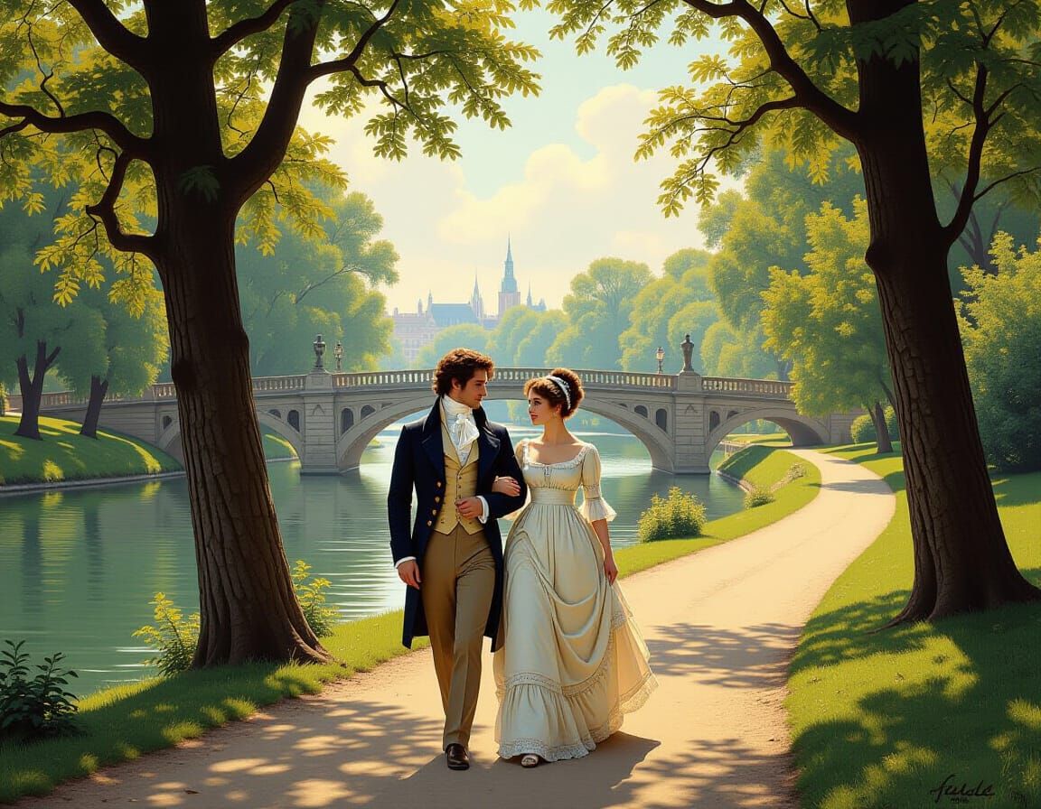Regency Couple in Park, Doré-inspired Illustration