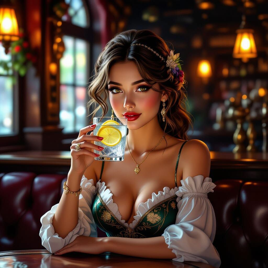 Charming Girl Sipping Gin Tonic in Art Nouveau Style