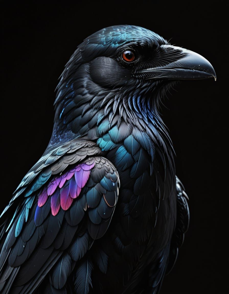 Vibrant Digital Art of a Raven with Intricate Feather Detail...