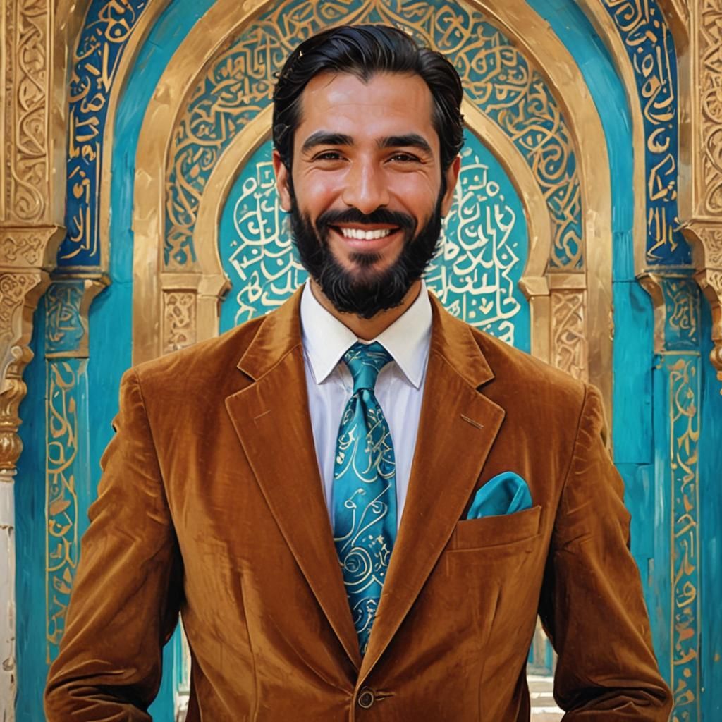 Handsome Man in Mosque with Velvet Suit, Impressionist Oil P...