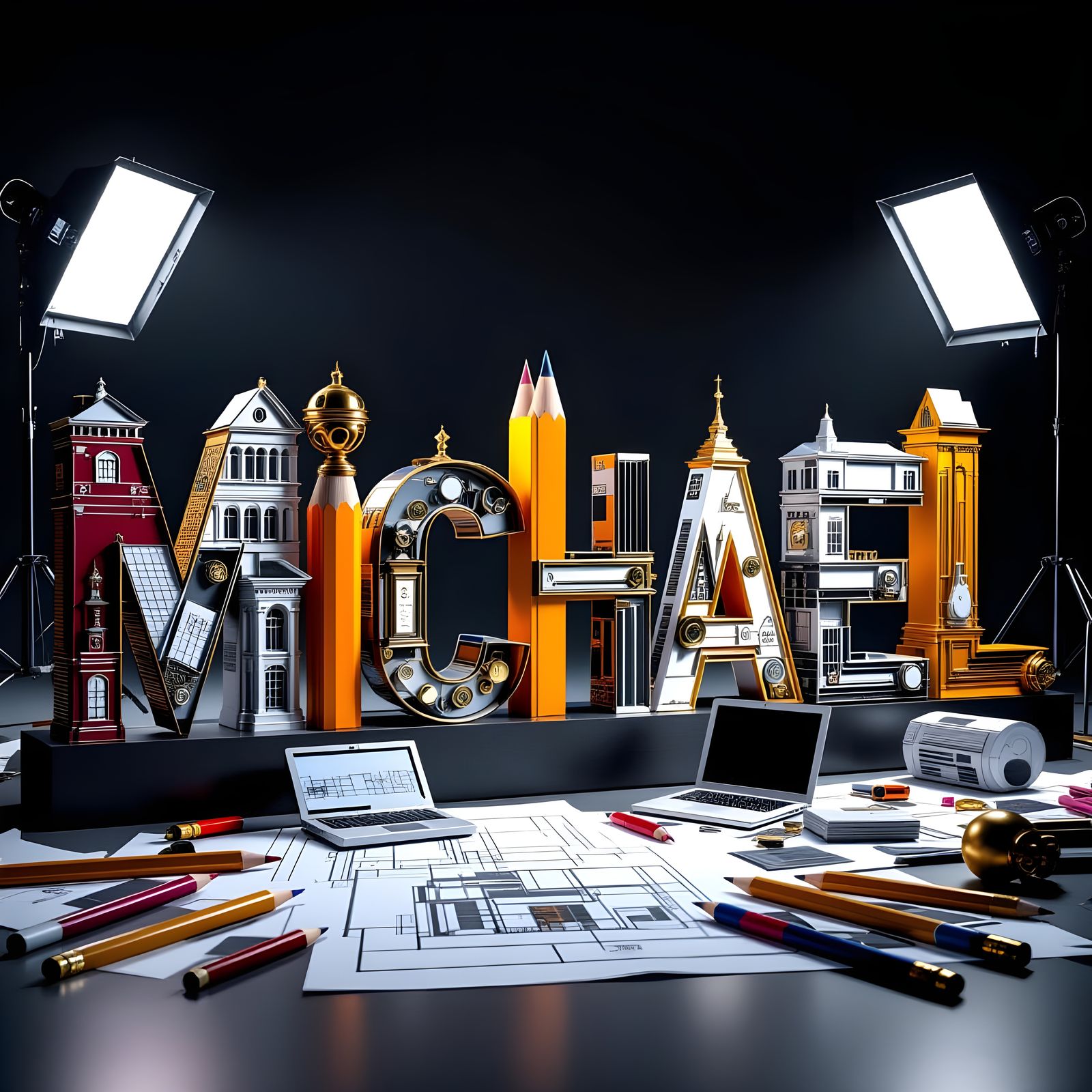 Steampunk 'Michael' Typography Sculpture in 3D Render