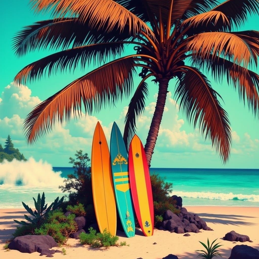 Vibrant Surfboards Amid Palm Trees
