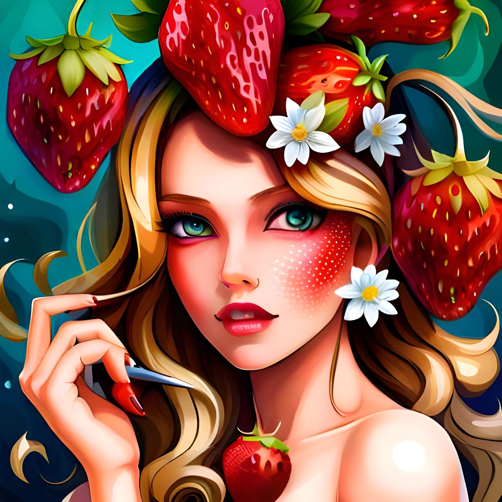 Strawberry Goddess with Realistic Face in Digital Art