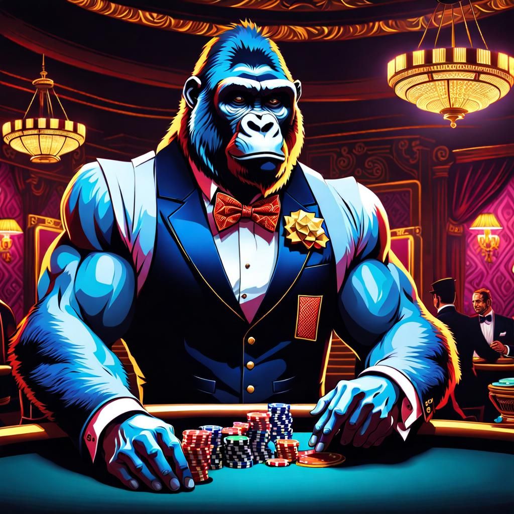 Gorilla Gambler in Ornate Casino, Digital Art