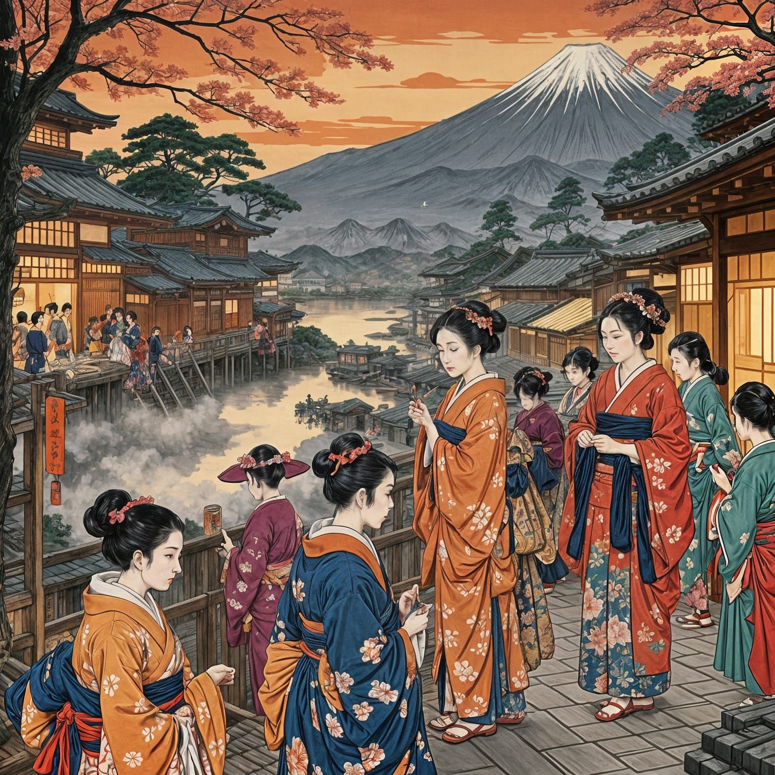 Kyoto Market Scene with Mount Fuji in Ukiyo-e Style