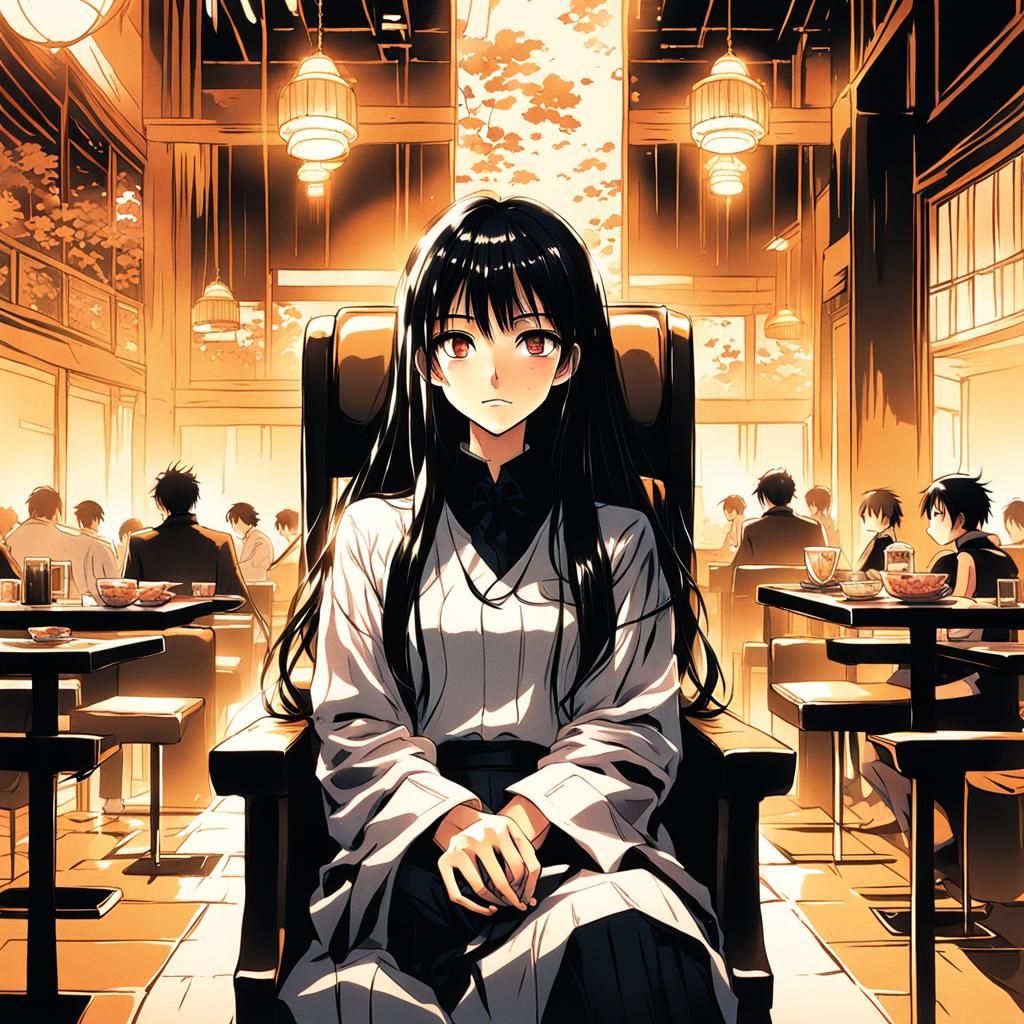 Asian Girl in Restaurant, Vibrant Anime Style