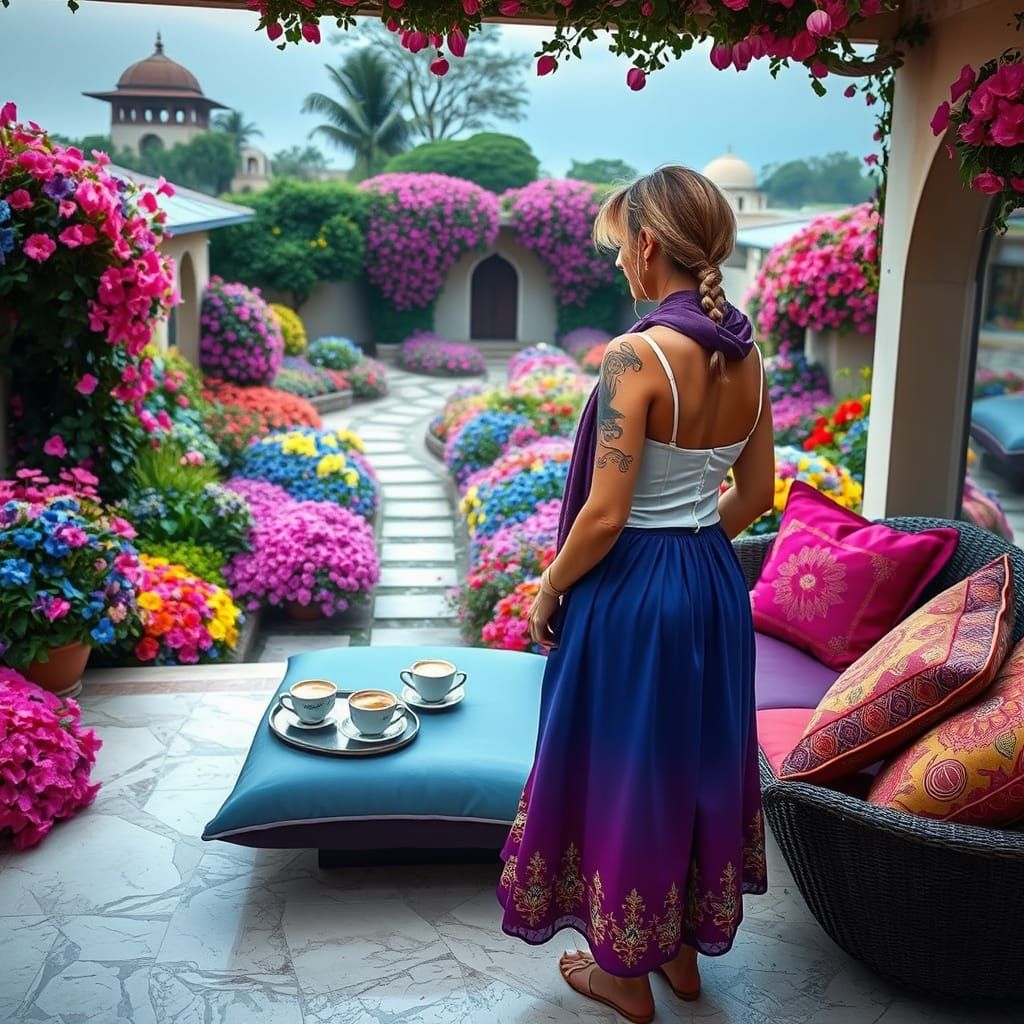 Mature Woman Surrounded by Vibrant Floral Paradise in Whimsi...