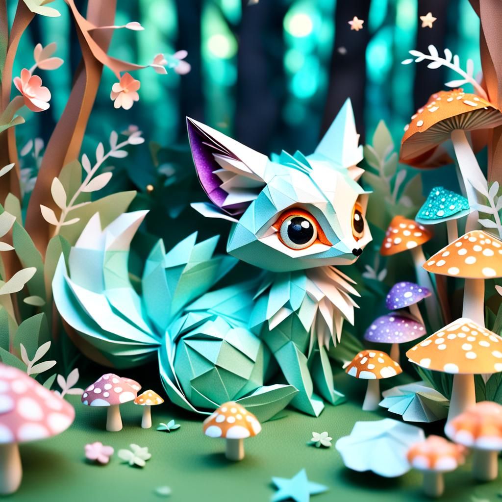 Whimsical Origami Phoenix Fox in Dreamy Forest