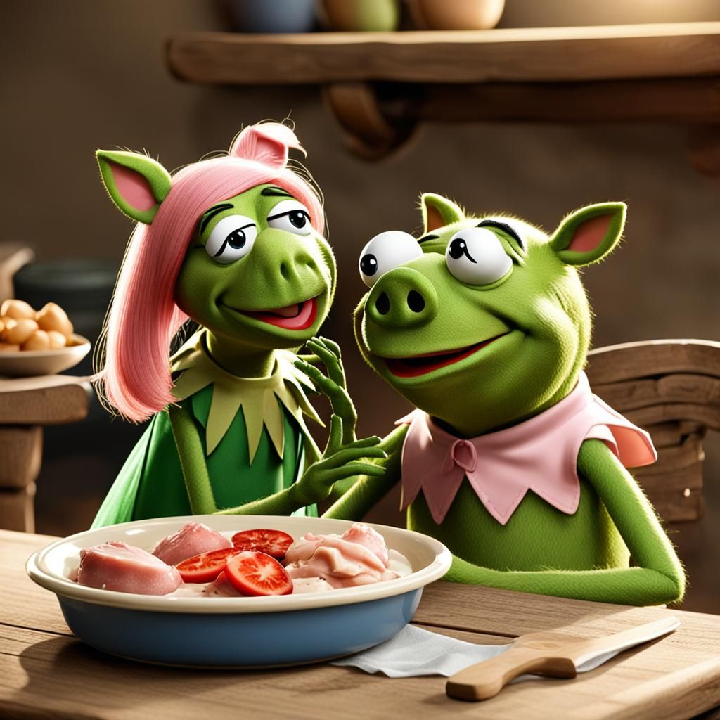 Kermit and Miss Piggy in Disney Cartoon Style