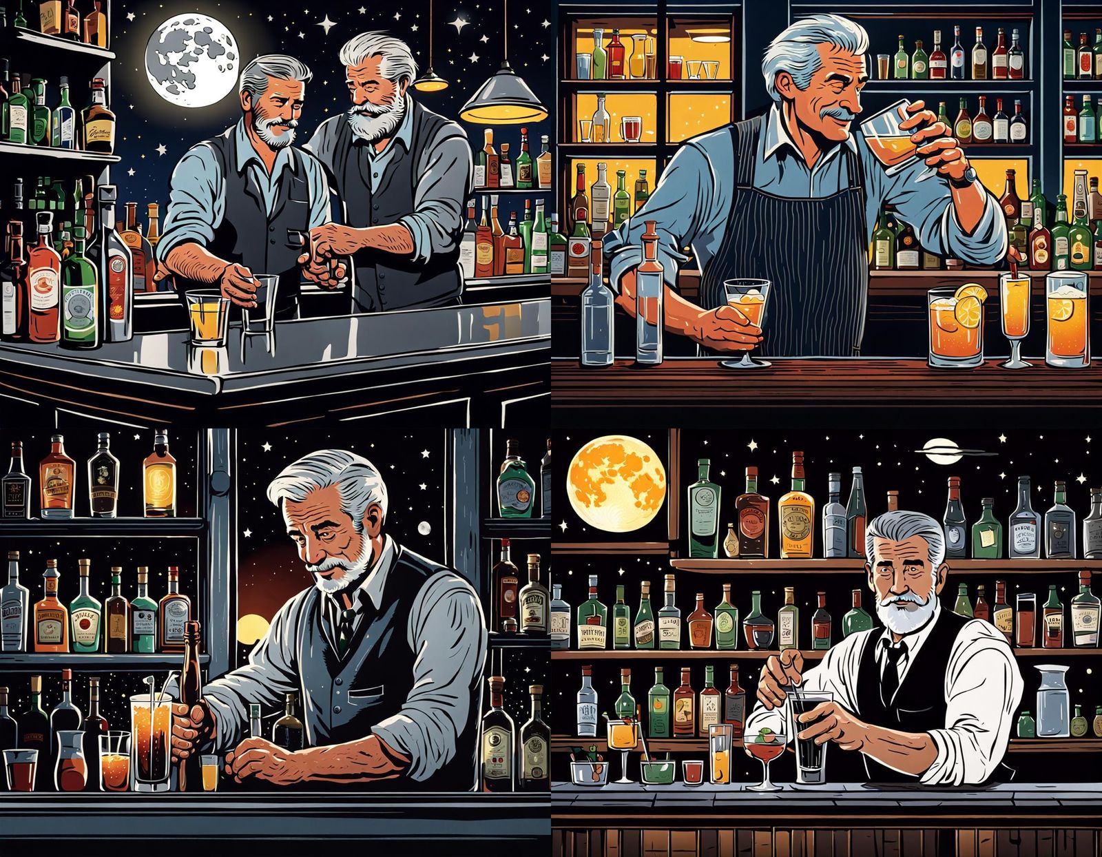 Middle-Aged Bartender Serving Drink at Night