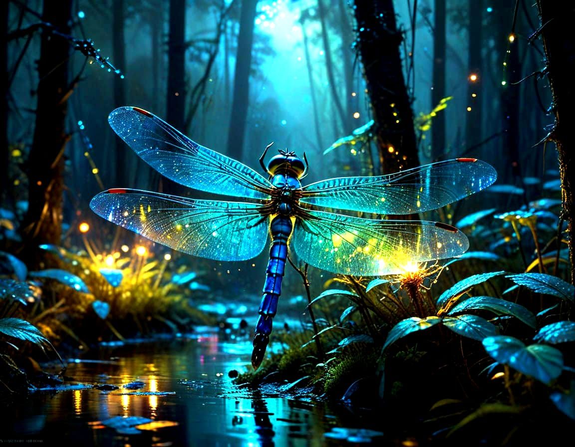 fluoroscent creation, a very dark forest scene with glowing, fluorescent creation featuring close-ups of dragonfly made ...