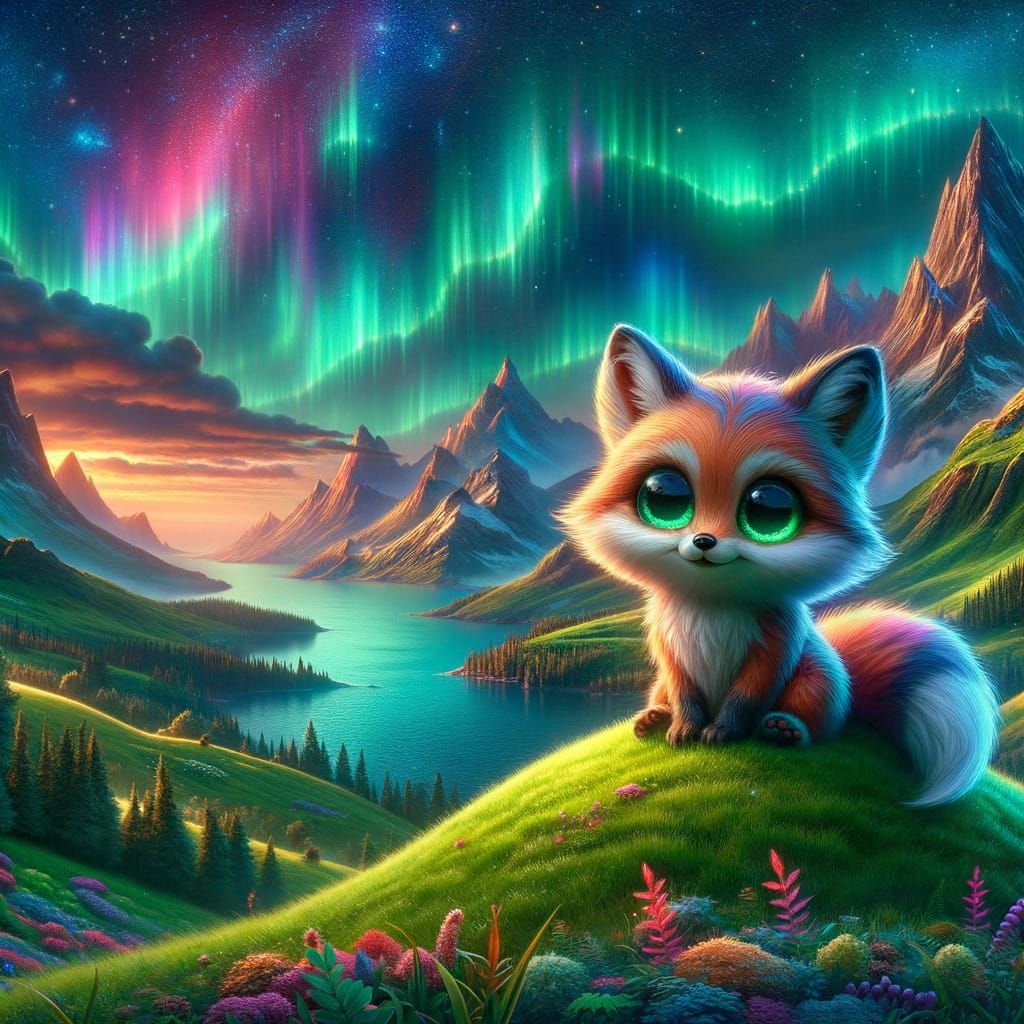 Fantasy Fox Under Aurora Borealis, Digital Matte Painting