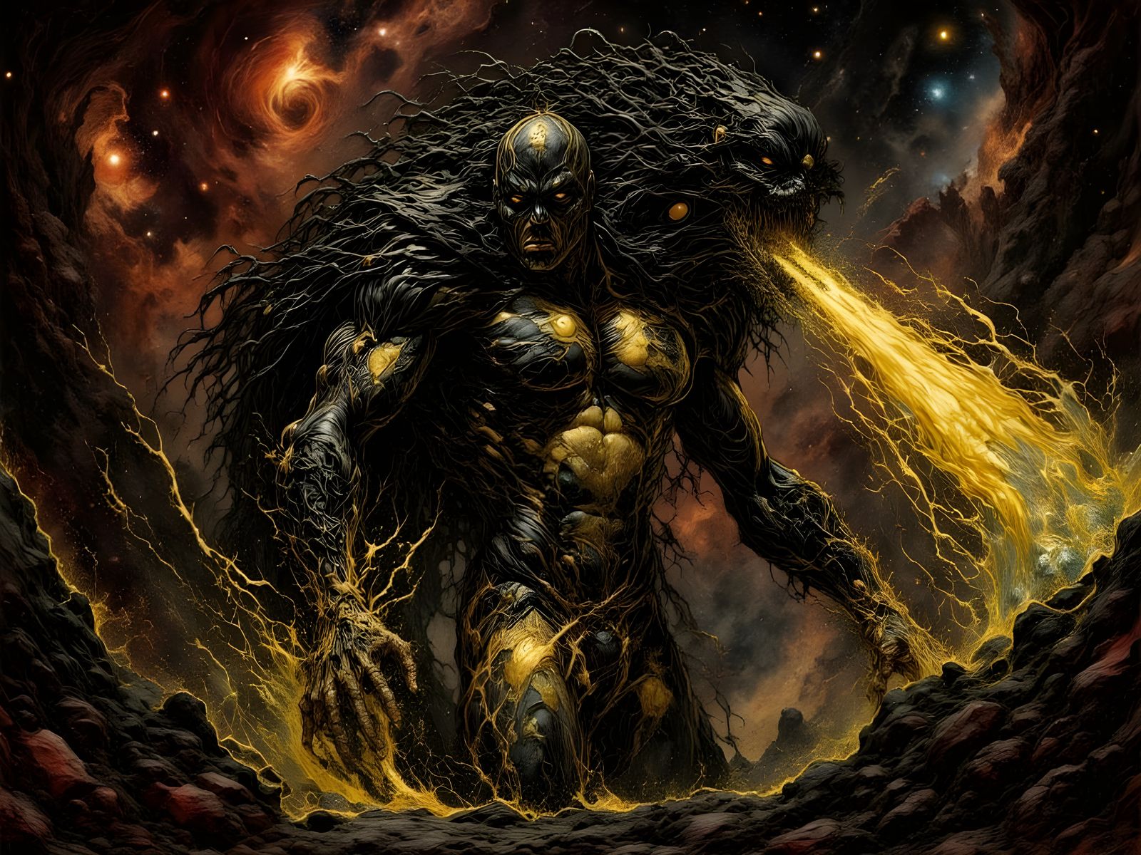 Cosmic Warrior Wielding Black Matter in Space