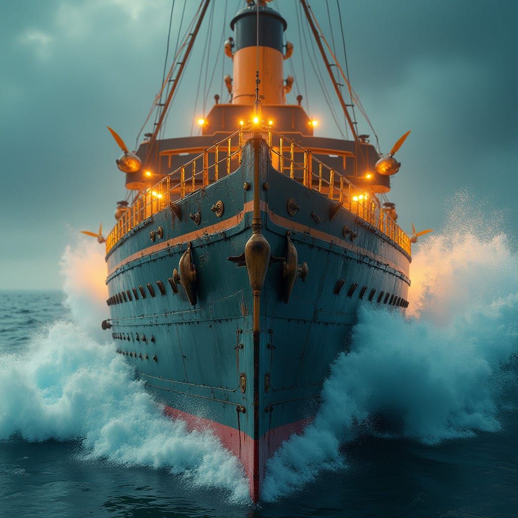 Dieselpunk Steamship Plows Through Turbulent Waves in Vibran...