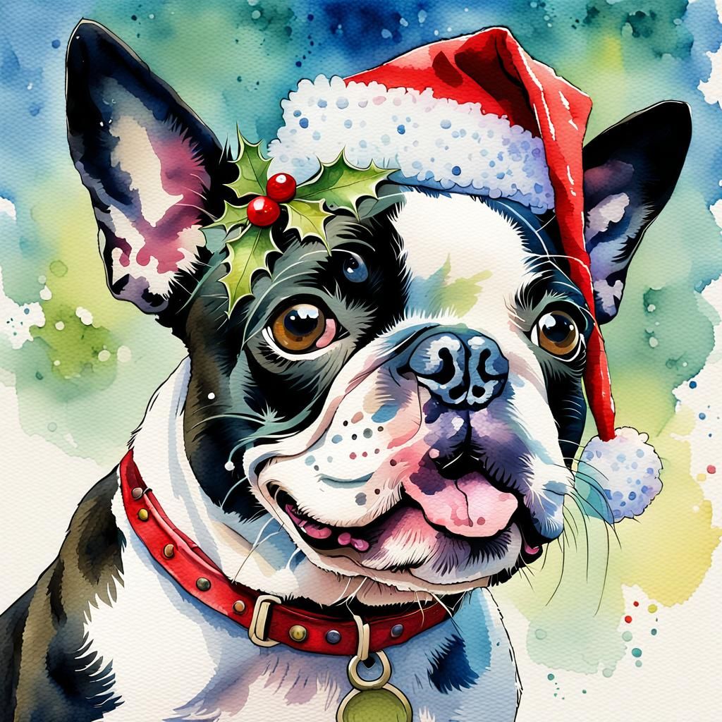 Festive Boston Terrier in Santa Hat, Watercolor Portrait