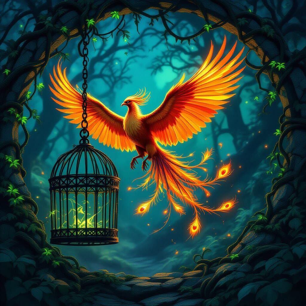 Phoenix Escapes Stone Cage in Ethereal Fire