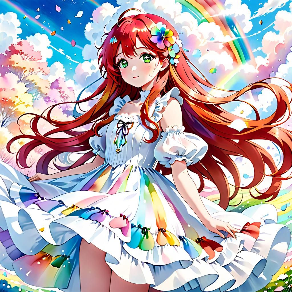Anime Woman in Cloud Dress with Rainbow Petals