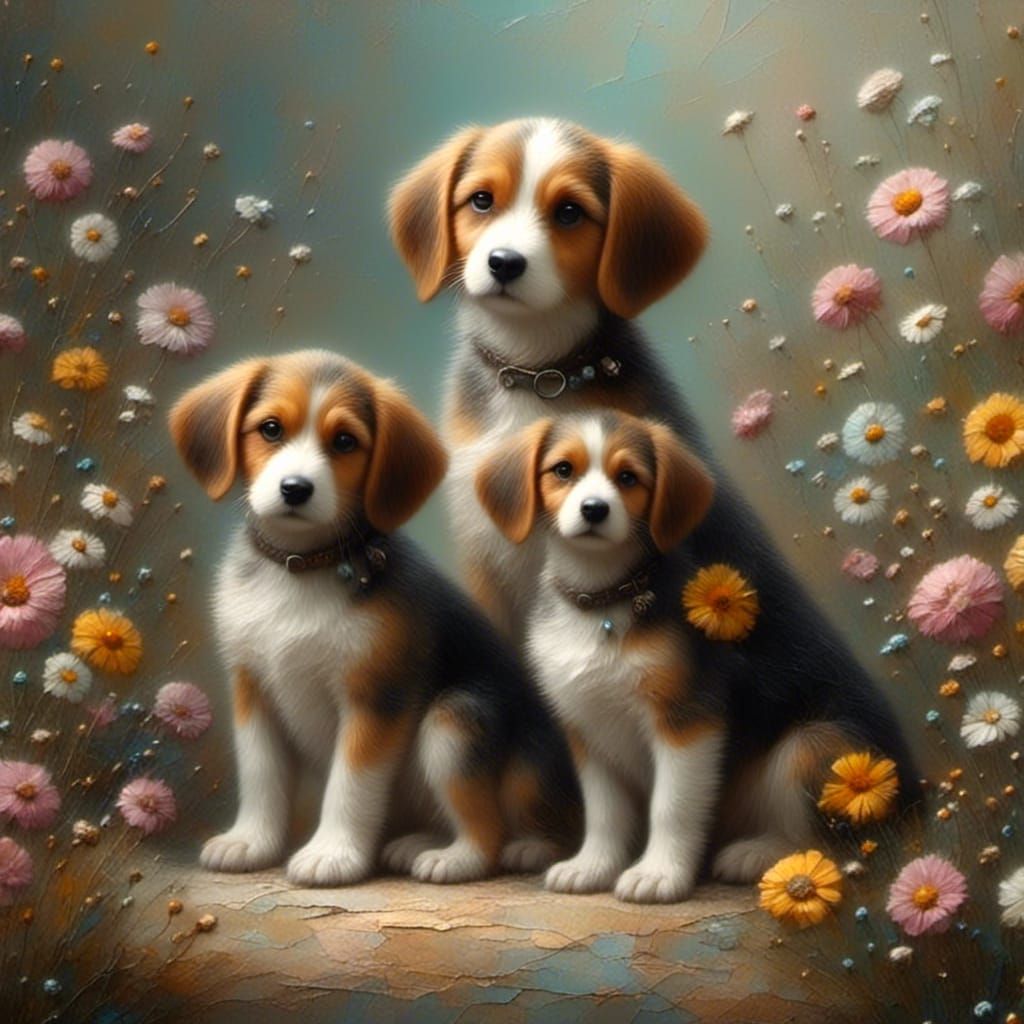 Beagle Mother and Puppies: Detailed Matte Painting