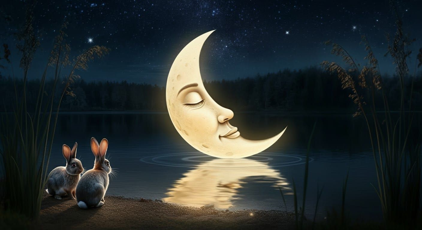Magical Rabbits Watch Sleeping Moon