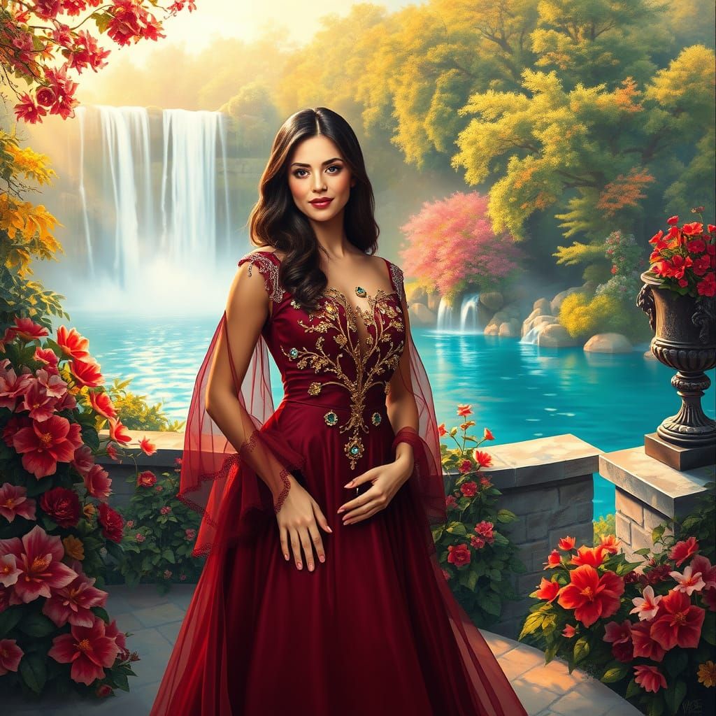 Serenity in a Burgundy Evening Gown - Realistic Oil Painting...