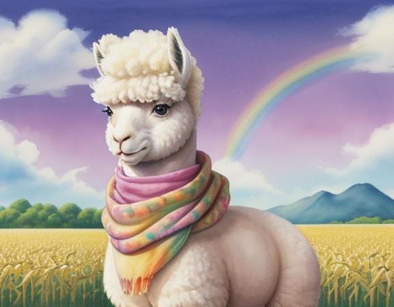 Happy Alpaca in Cornfield: Watercolor Gouache Painting