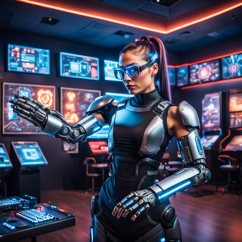 Cyberpunk Girl in Tech Game Room