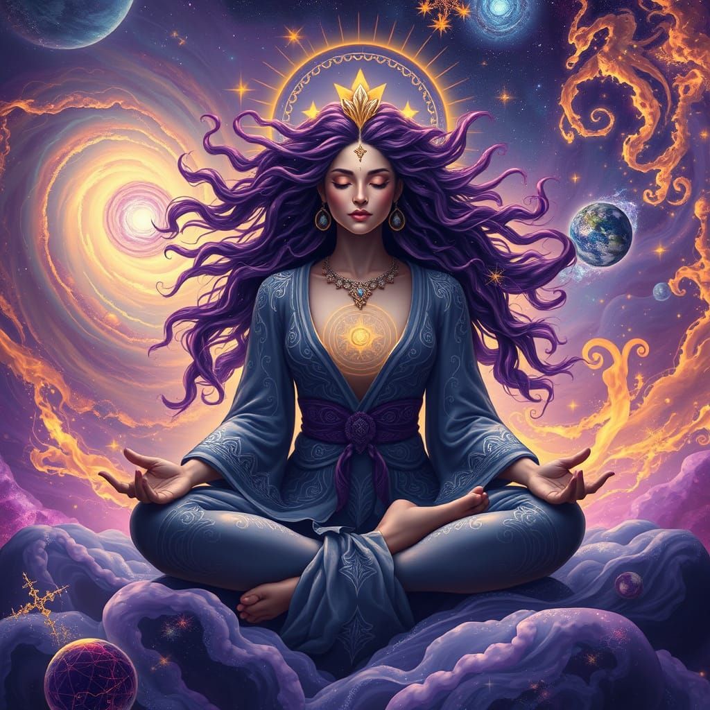 Celestial Goddess Meditating in Cosmic Lotus Position
