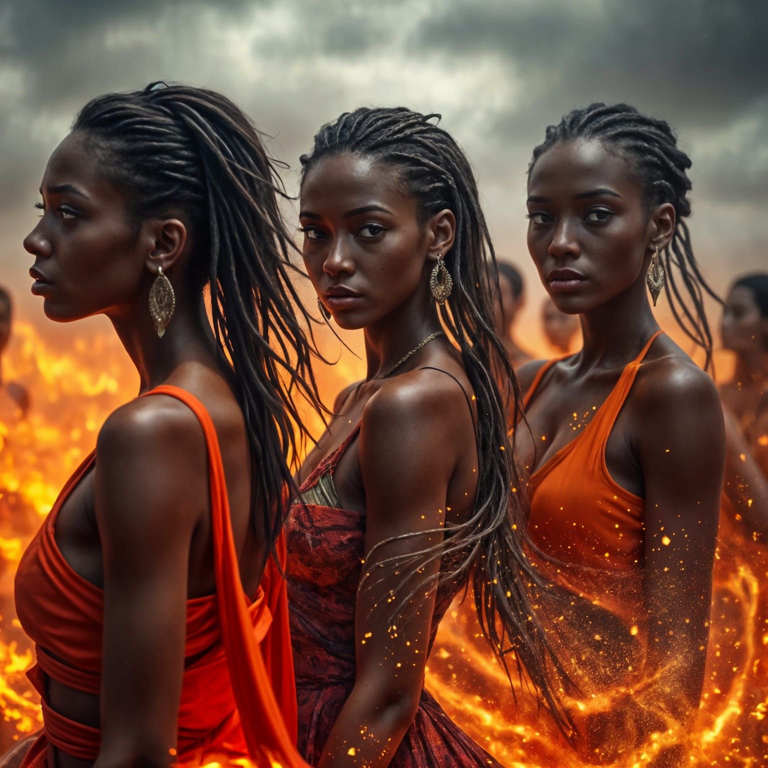 Hyperrealistic Sisters of Fire in Molten Lava Style