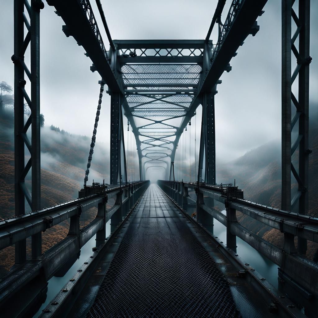 Misty Industrial Landscape with Iron Bridge
