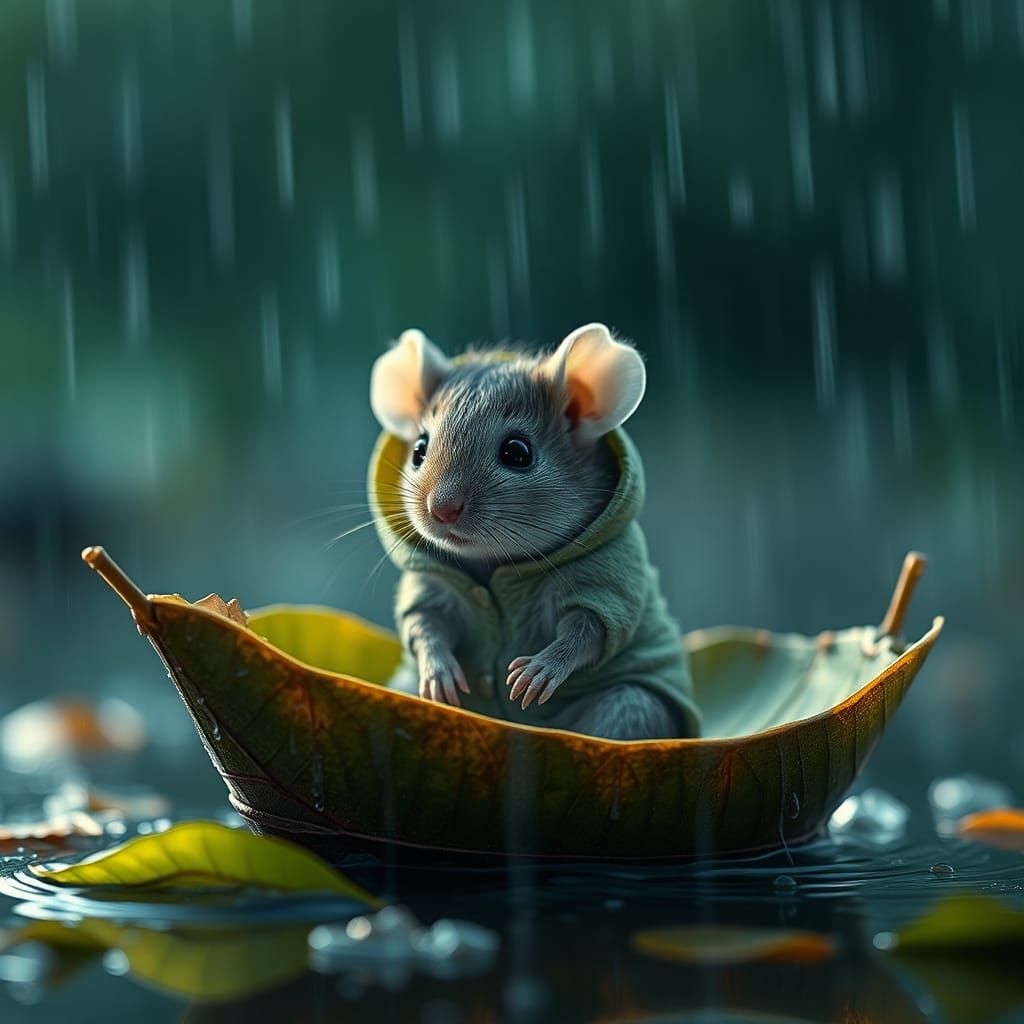 Cute Mouse in Leaf Boat on Rainy Day