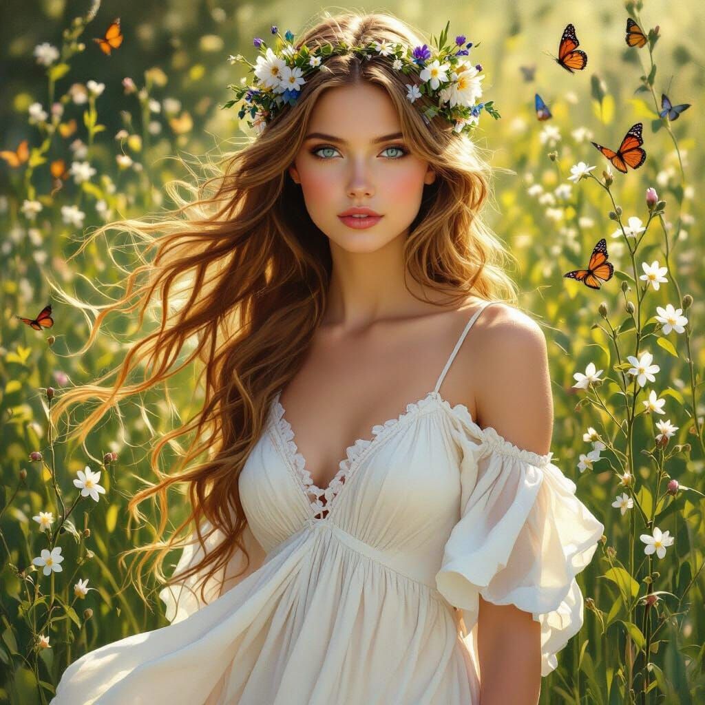 Golden Haired Woman in Meadow, Pre-Raphaelite Style