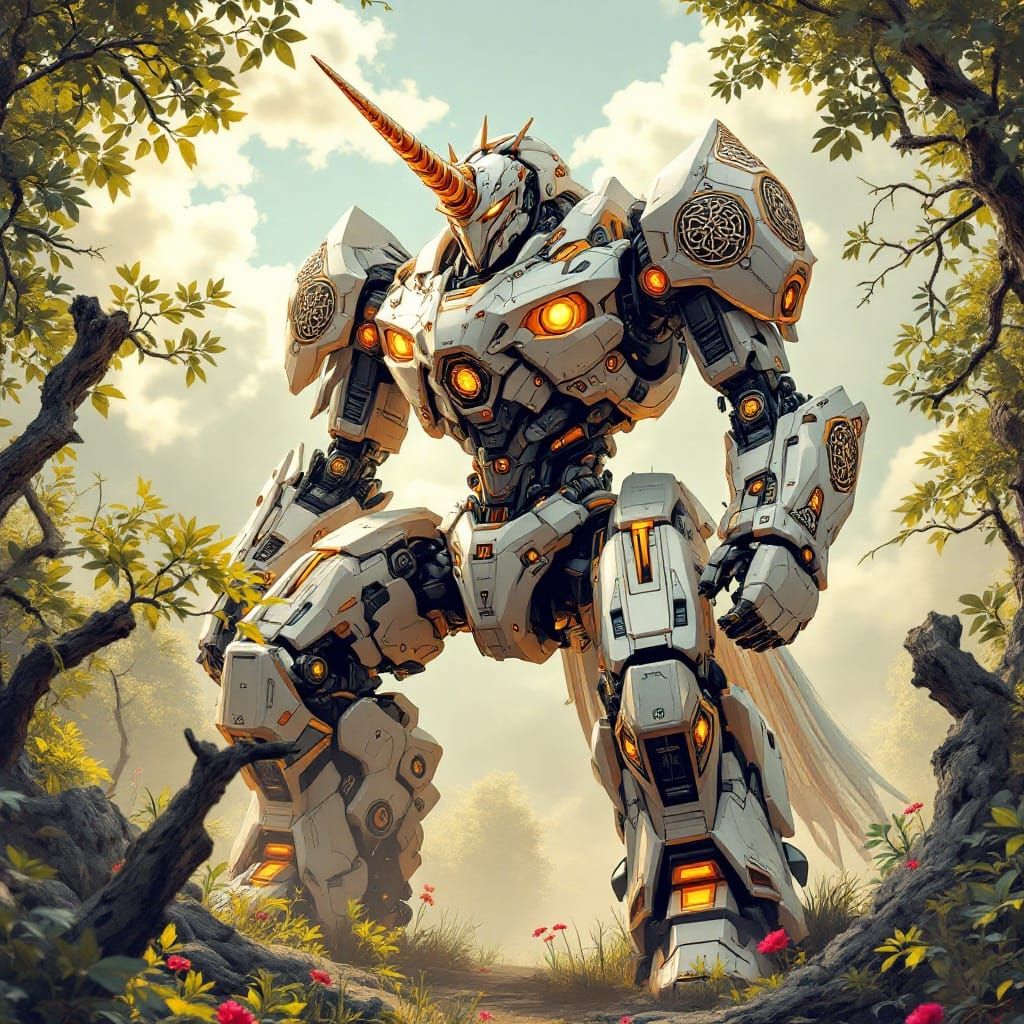 Cyberpunk Mech Unicorn Radiates Golden Glow in Sunlit Cleari...