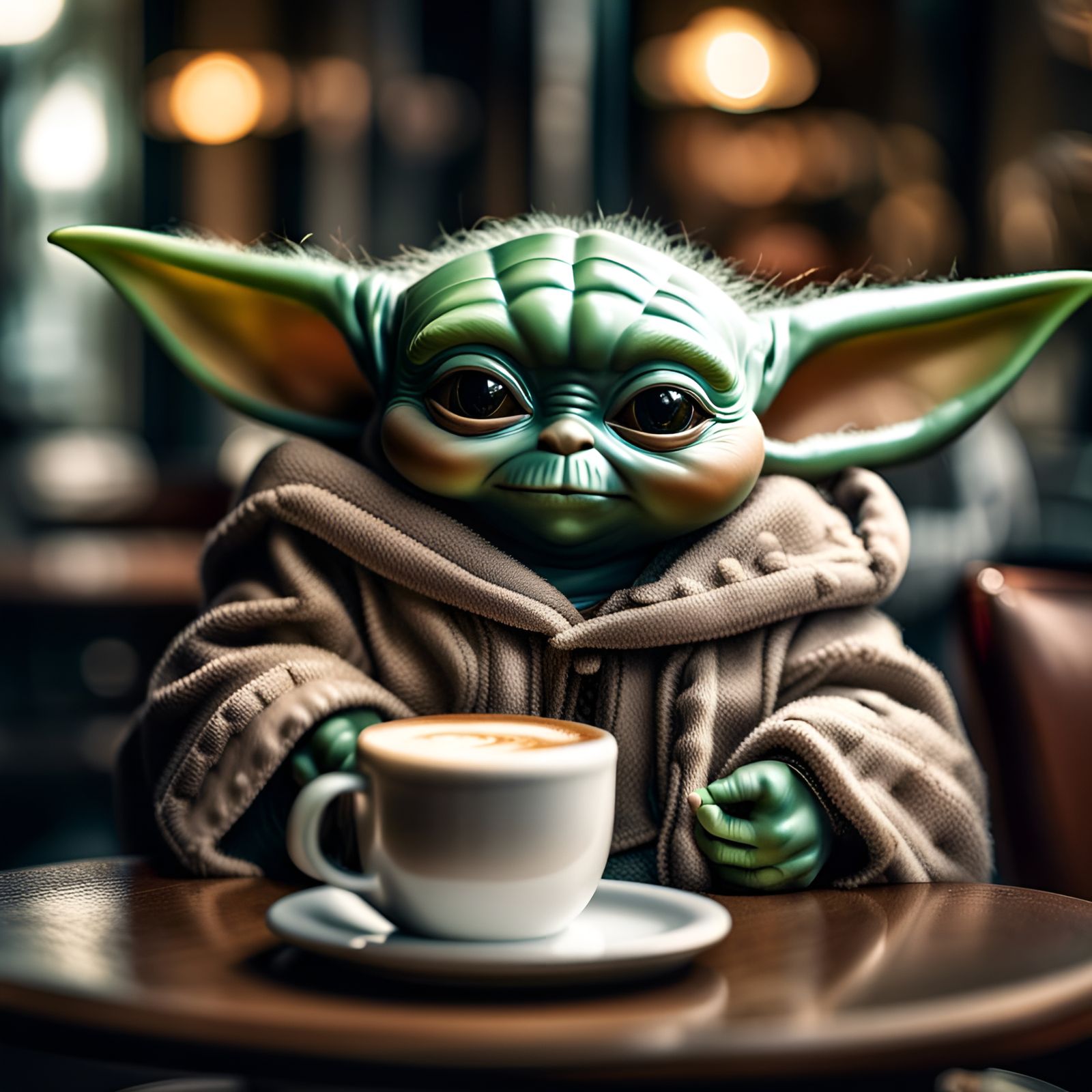 Grogu enjoying a mug of latte, sitting in a space cafe.