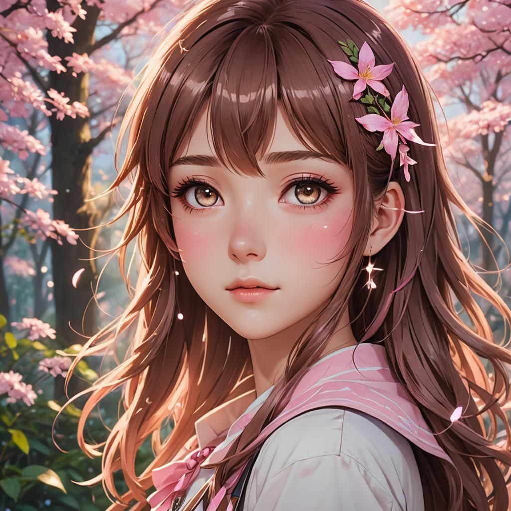 Anime Girl Portrait with Pink Hair Strands