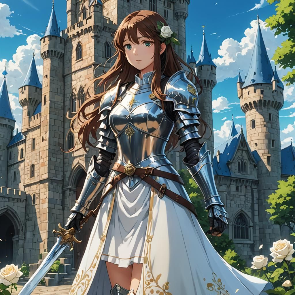 Anime Knight with Rose Sword near Castle