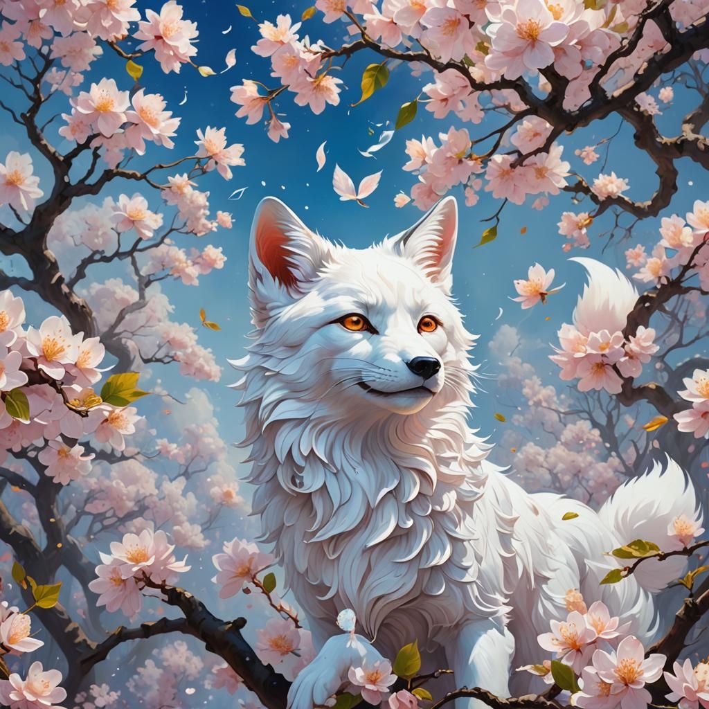 James Jean, floating white fox figure made of sakura cherry ...