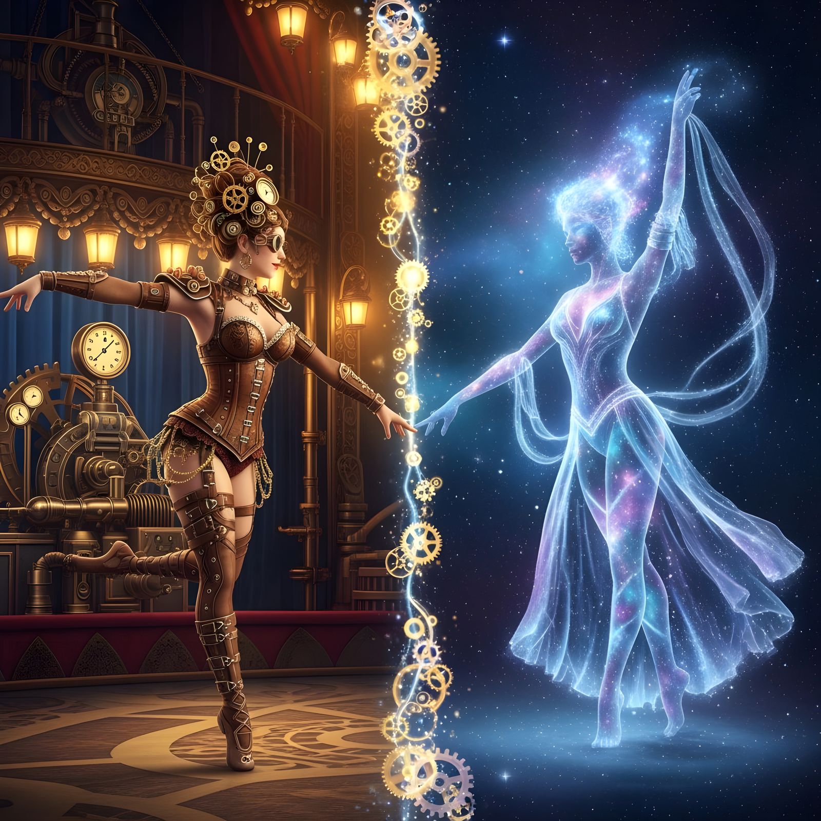 Steampunk Showgirl Meets Ethereal Cosmic Dancer