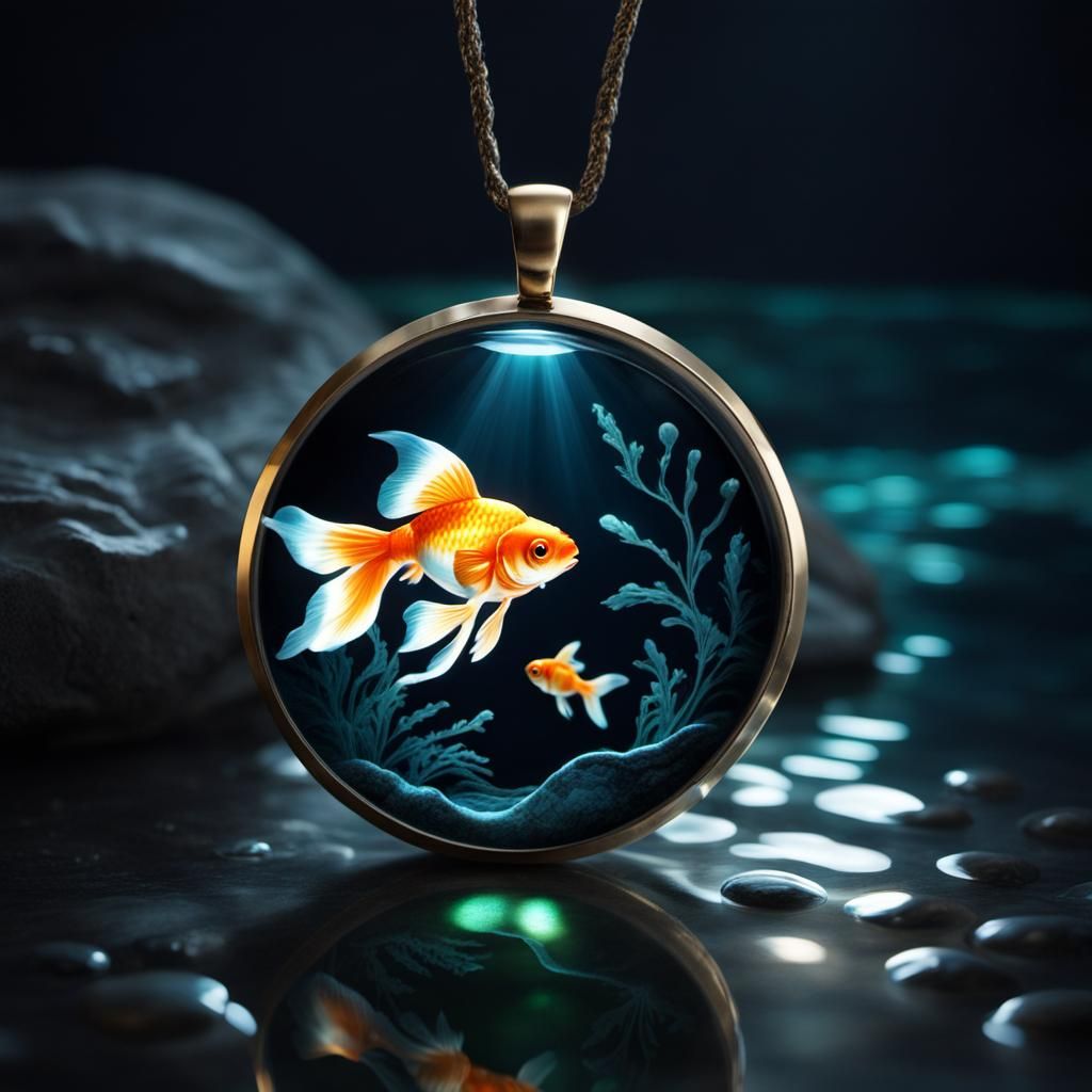Bioluminescent Goldfish in Dark River: Jewelry Art