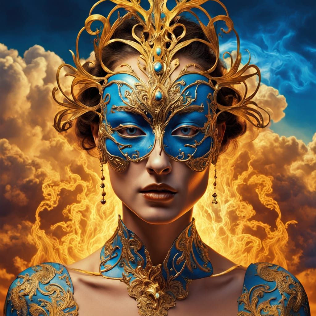 Surreal Mysterious Woman in Gold Mask with Fiery Heat Waves