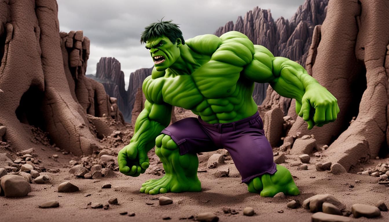 Claymation Hulk in Detailed CGI Matte Painting