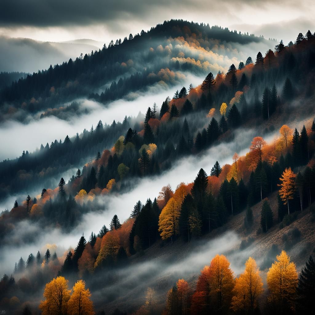 Misty Autumn Hillside Landscape Photography