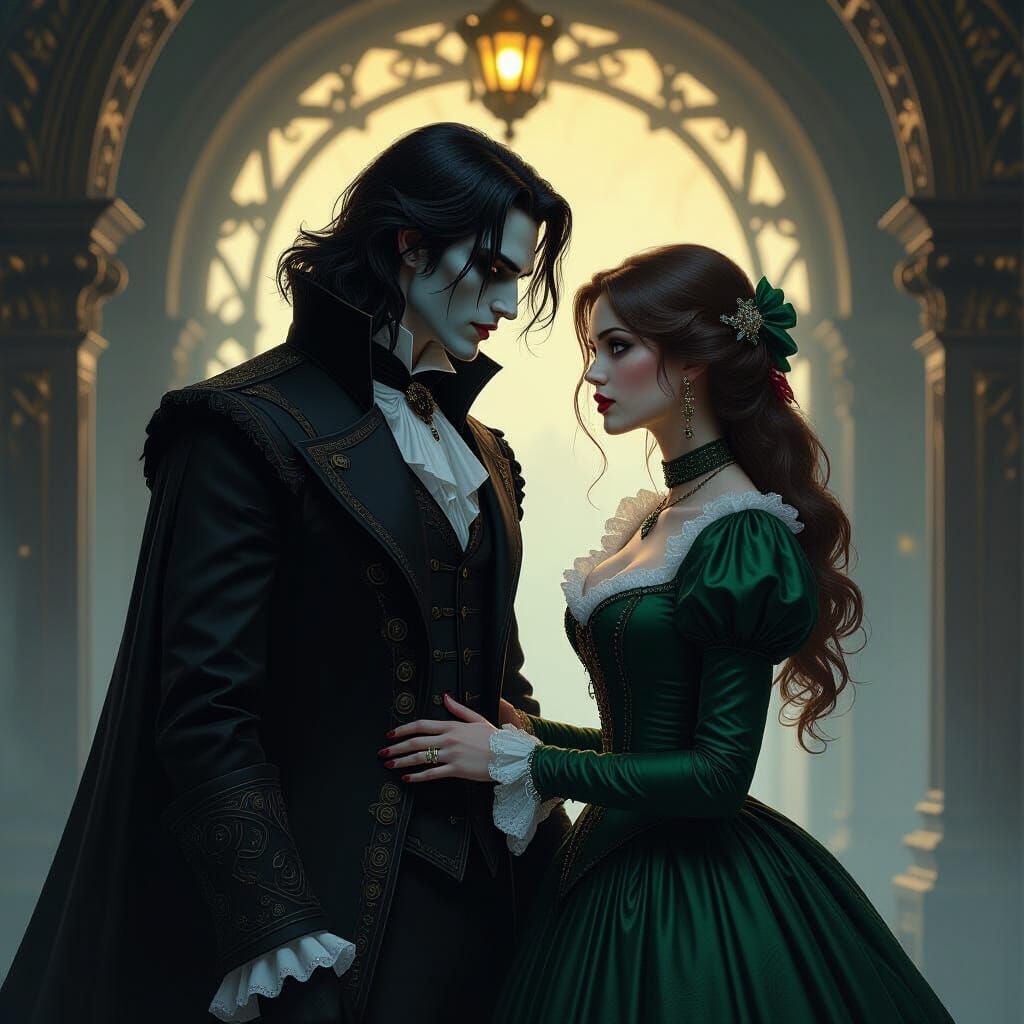 Ghostly Vampire Haunts Frightened Woman in Gothic Attire