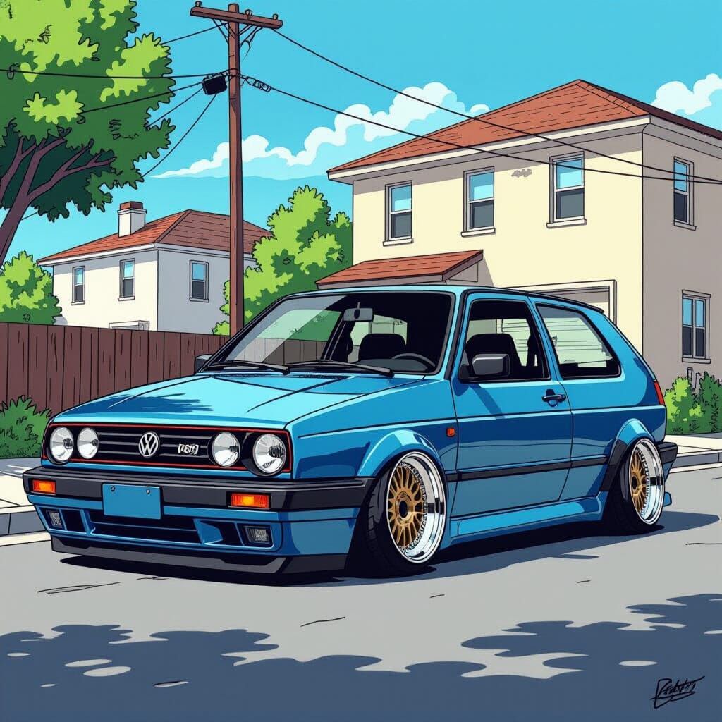 Deep Blue VW GTI with Lowered Stance on Urban Street