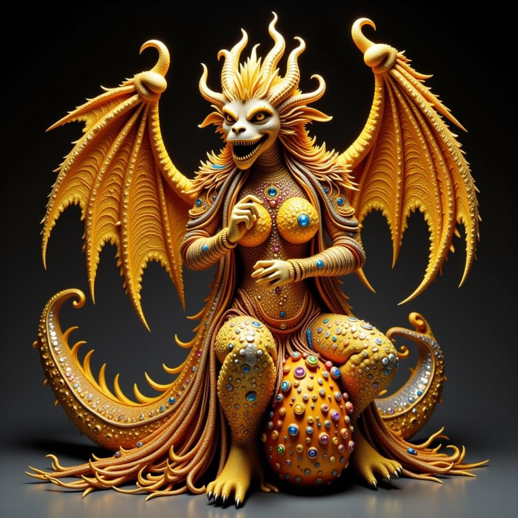 Golden Gem-Encrusted Dragon Fruit Statue in Cola Sparkle