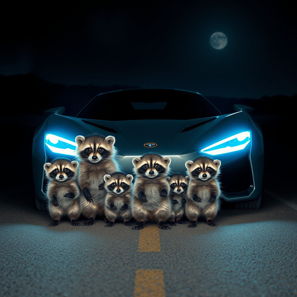 Raccoon Family Meets Futuristic Car in Utah Night